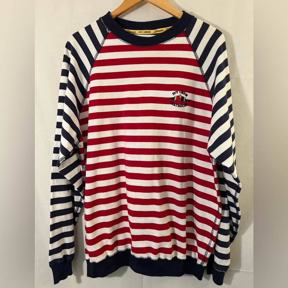 Vintage Ivey Crew Nautical Striped Boathouse Cotton Pullover Red/White/Blue Sz L